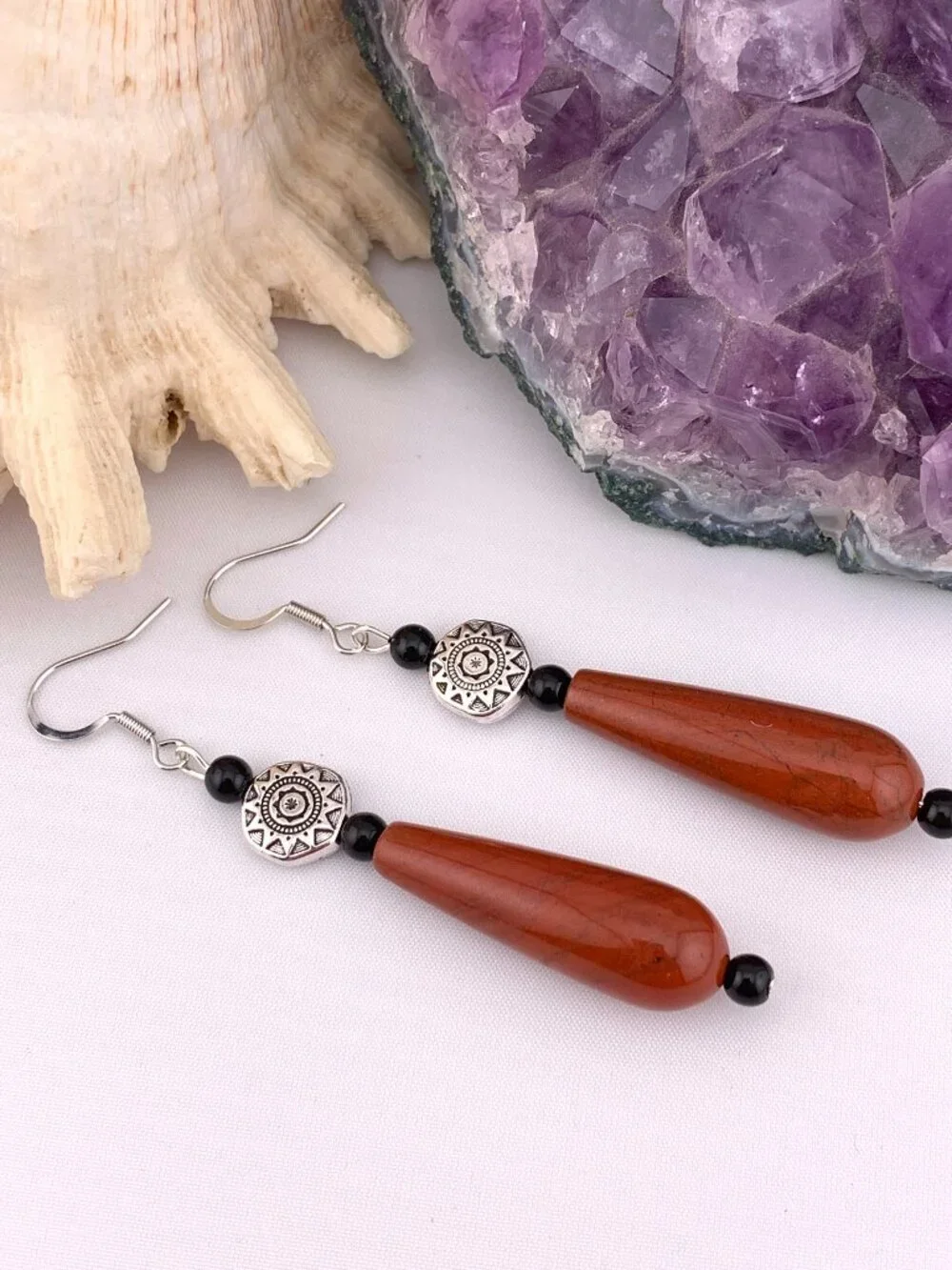 Mahogany Red Jasper Black Onyx Silver Boho Bead Long Handmade Earrings LR211